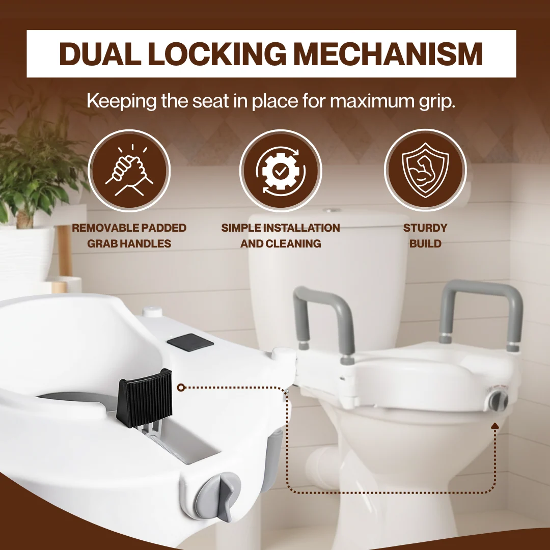 Raised Toilet Seat Riser with Padded Handles and Locking Mount System