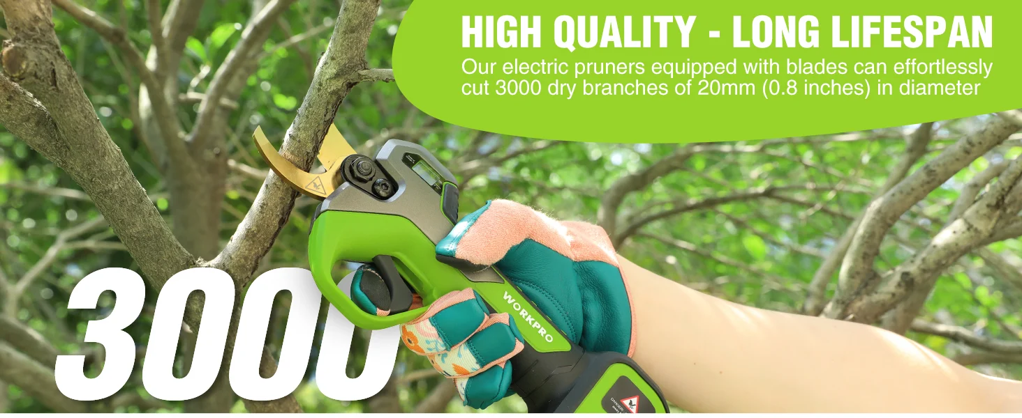 Electric pruner cutting tree branches in a green outdoor setting, with innovation and high-quality durable design
