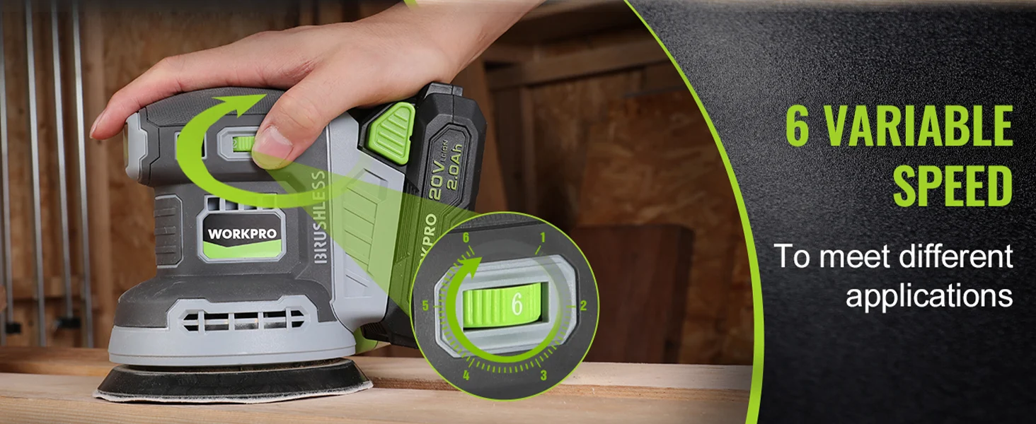 Cordless power tool with green controls, showing 6 variable speed and a hand adjusting the selector for innovation