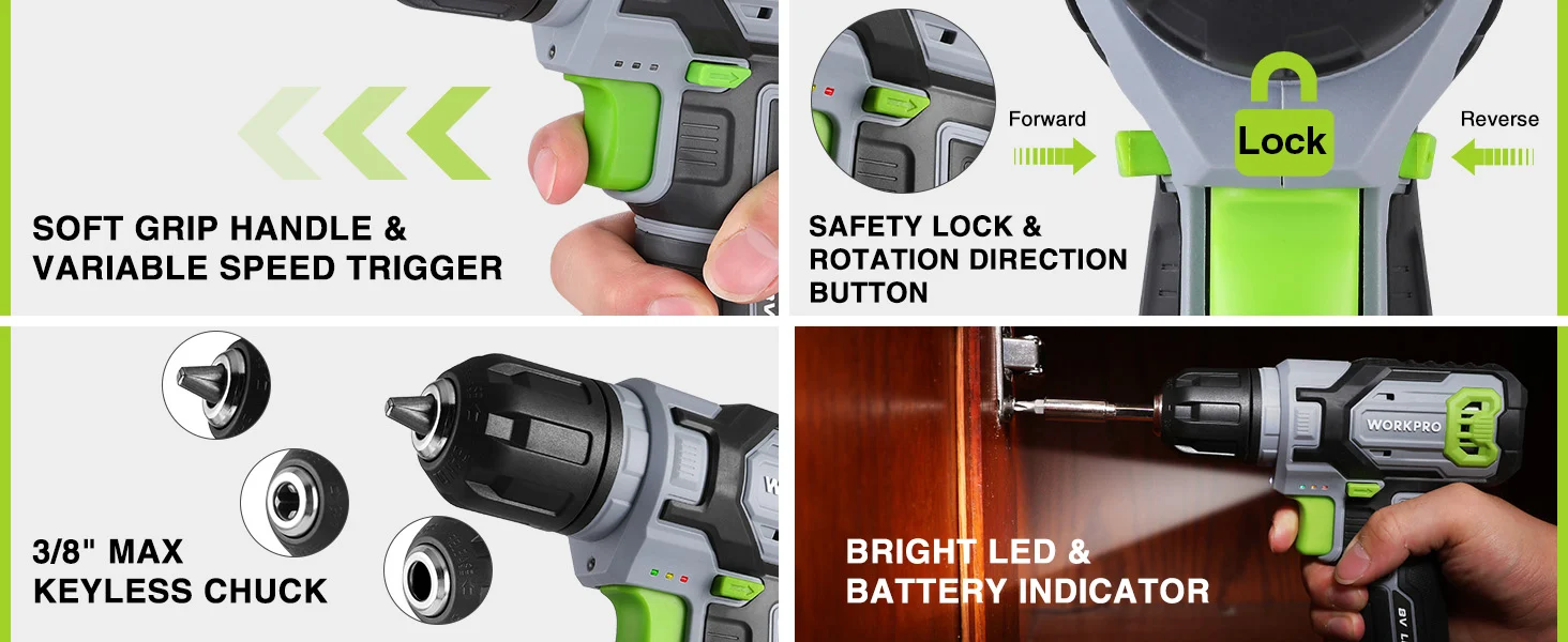 Handheld cordless drill with bright LED, battery indicator, safety lock, and keyless chuck in gray and green