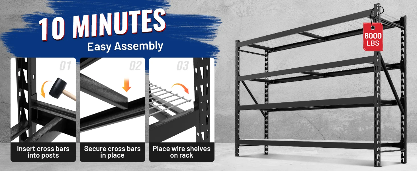 Metal storage rack with labeled steps and 8000 LBS capacity badge, showing innovation and durable quality construction
