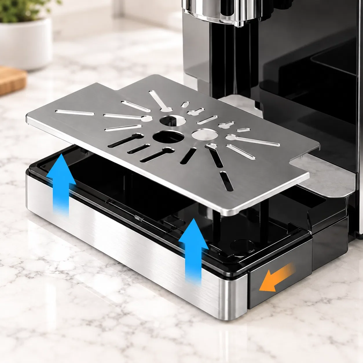 Removable drip tray and metal grate on a Kismile espresso machine, with arrows showing removal directions