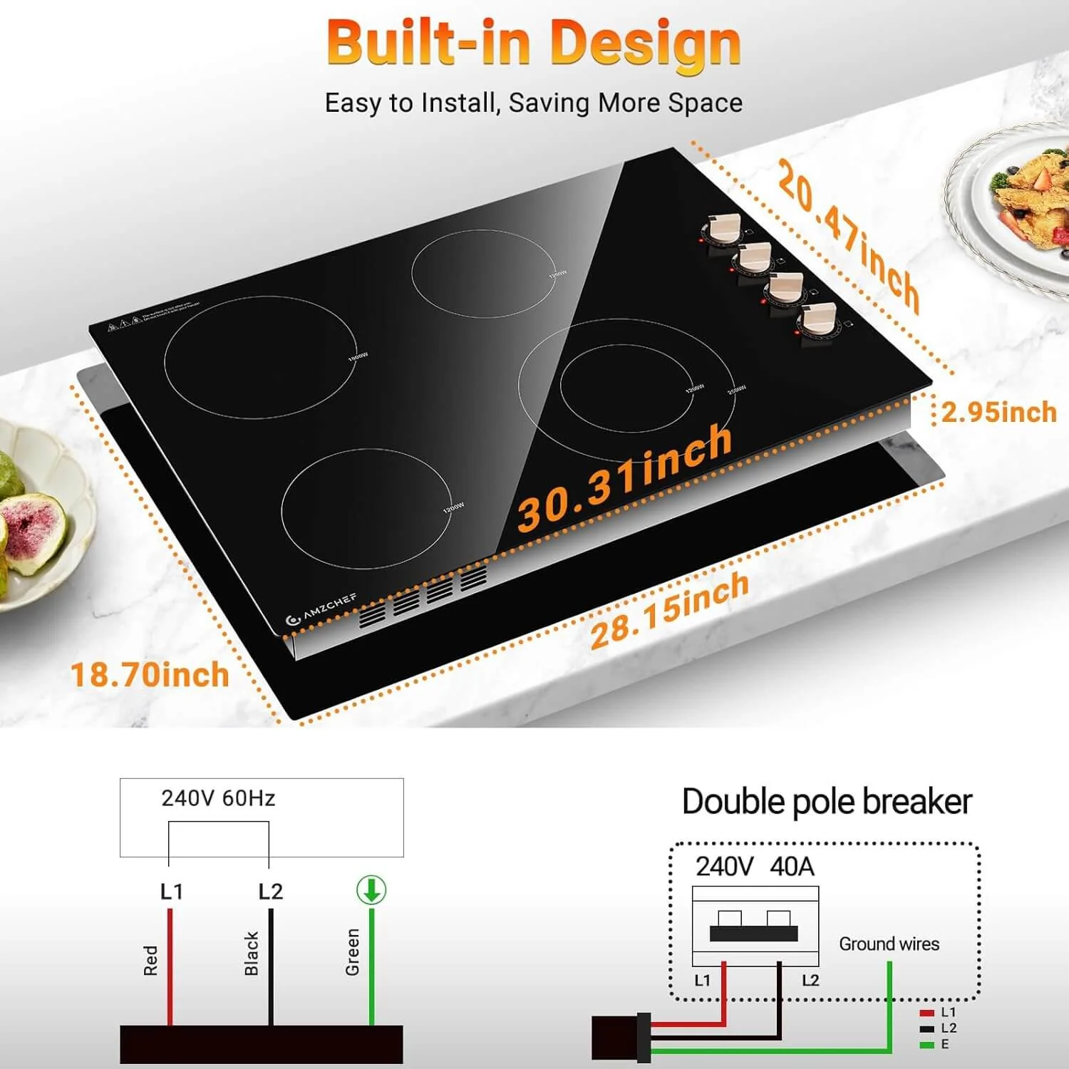 AMZCHEF 30 Inch Upgraded 6700W Knob Control Built-in Ceramic Cooktop — 67HLA30K2 2