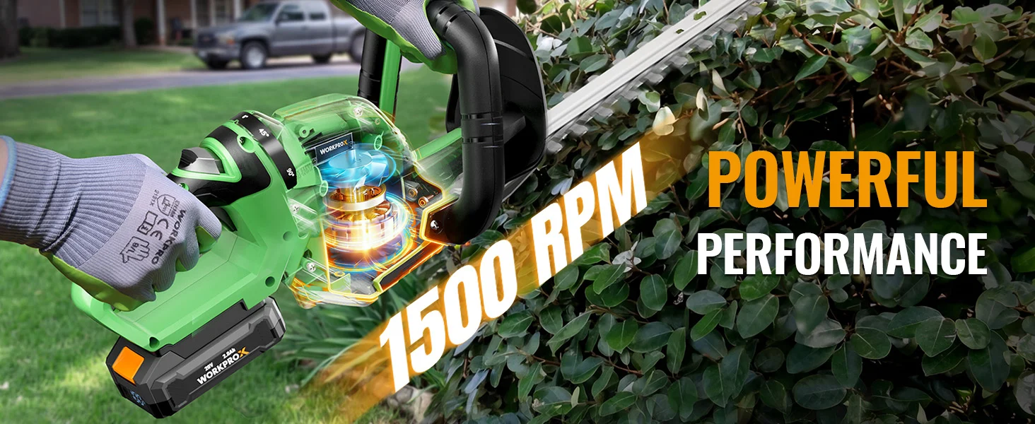 Green cordless hedge trimmer cutting leafy shrubs with innovation, quality, and durable power visible on screen