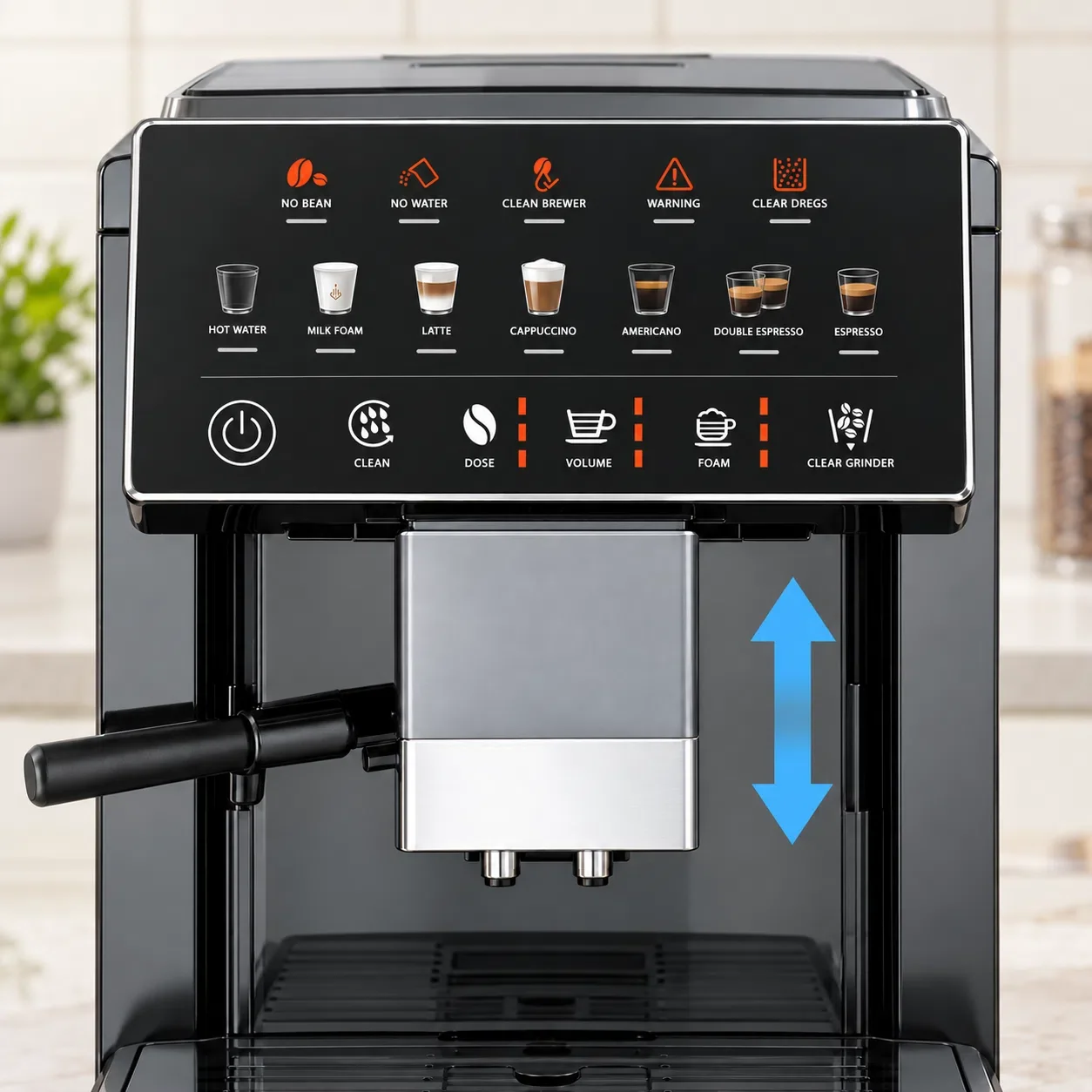 Kismile espresso machine with touch controls and a height-adjustable coffee outlet