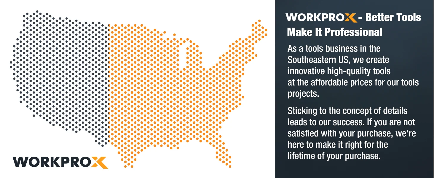 Tools business banner with a dotted orange and black map shape and text mentioning innovation, high-quality, and quality