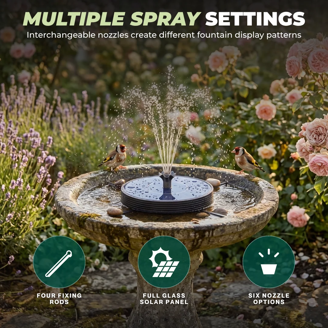 Solar Bird Bath Fountain Pump with Glass Panel and 6 Nozzles