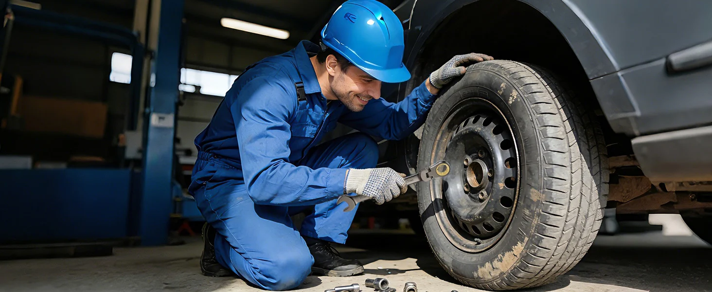 Mechanic in blue uniform and helmet inspects a car wheel in a garage, with innovation and quality focus