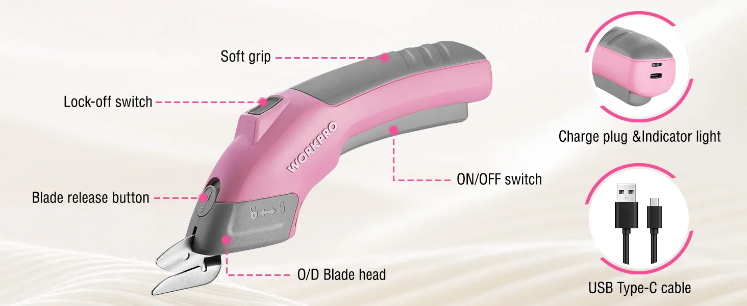 Cordless trimmer with pink and gray body, charge plug and indicator light, and USB Type C cable