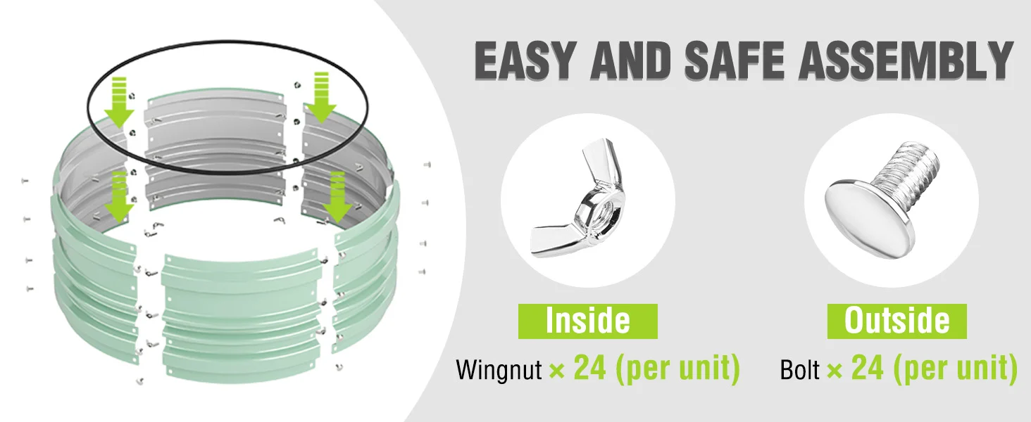 Metal ring assembly diagram with wingnut and bolt, showing innovation, quality, and secure fastening details