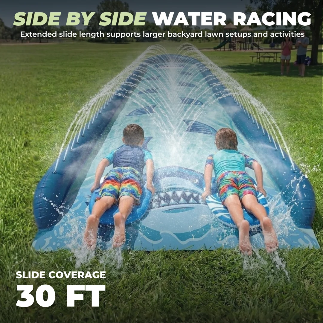 30 ft Shark Water Slide with 2 Bodyboards and Built-In Sprinkler