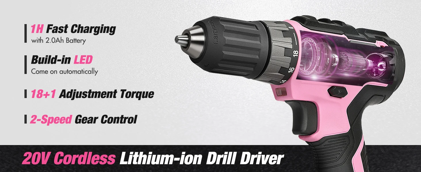 Pink cordless lithium ion drill driver with LED light, showing innovation and quality features in a cutaway view