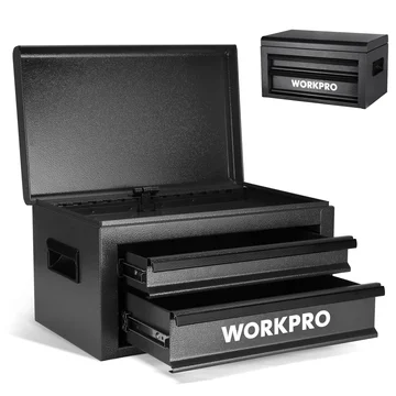 WORKPRO 15-Inch Metal Tool Box with 2 Drawers & Top Storage, Black