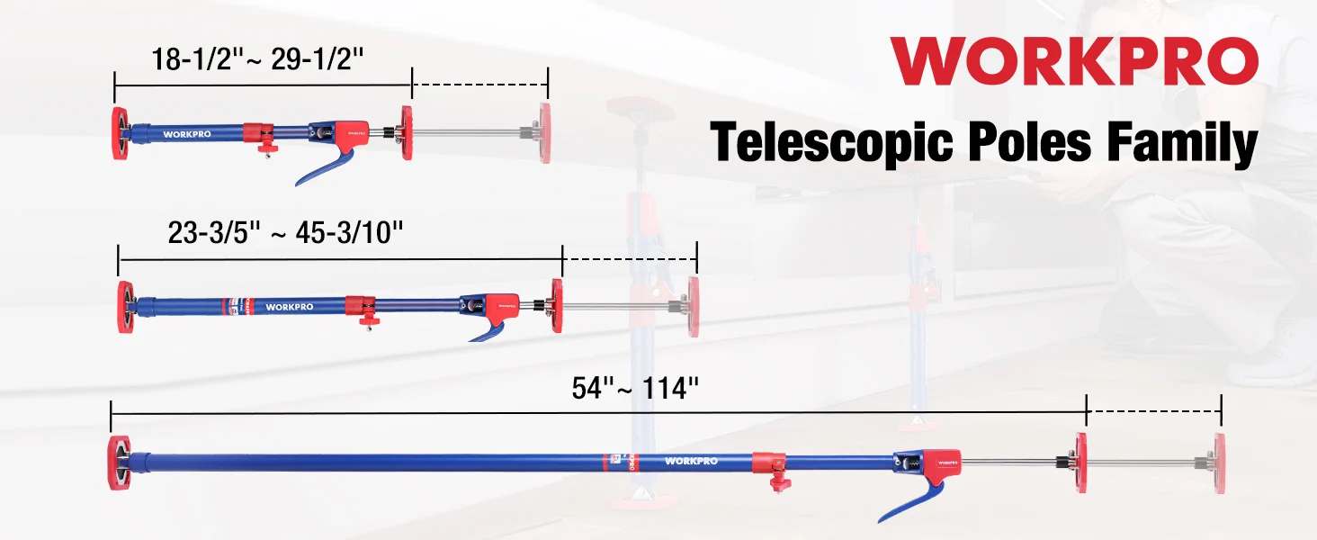 Telescopic poles family tool diagram with WORKPRO branding, showing 18 to 54 inch and 23 to 45 inch ranges