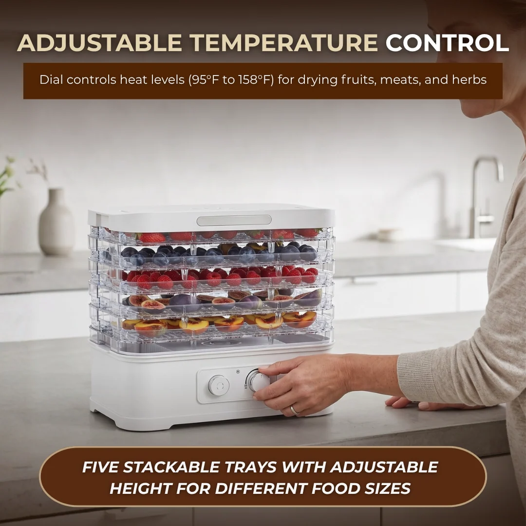 Five-Tray Food Dehydrator 250W with Temperature Control Timer