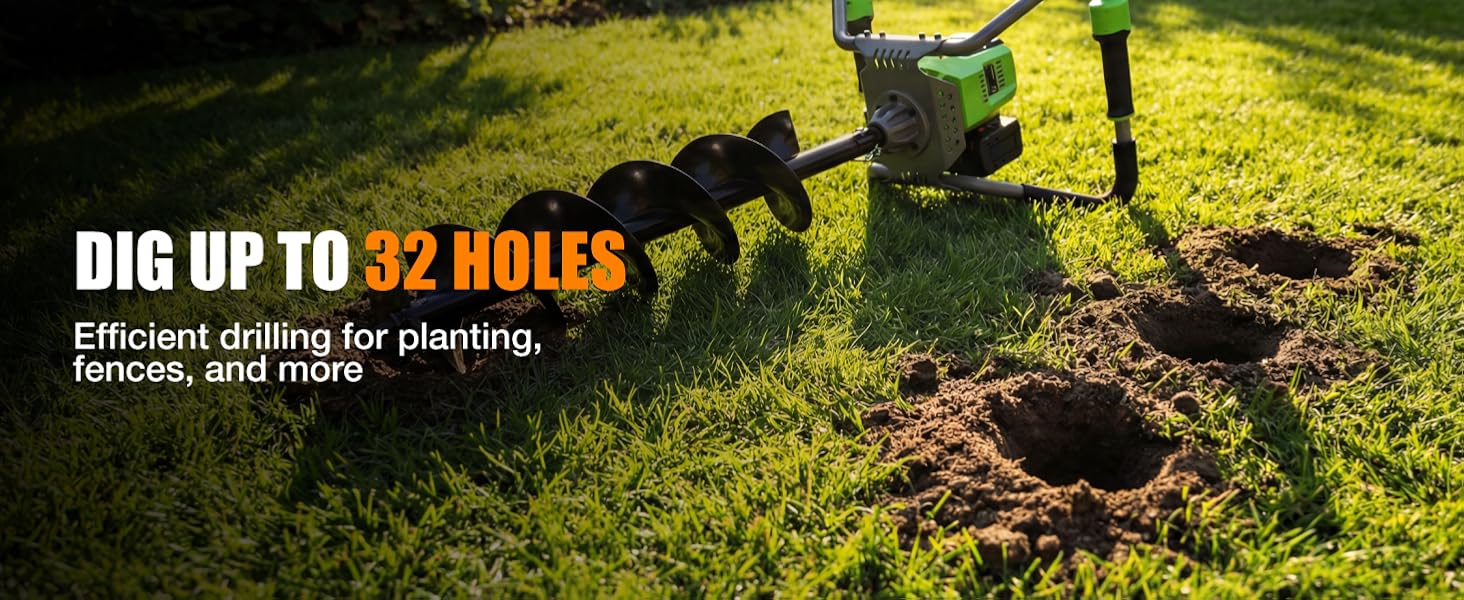 Garden auger digging holes in green grass, with innovation and durable quality for planting and fencing