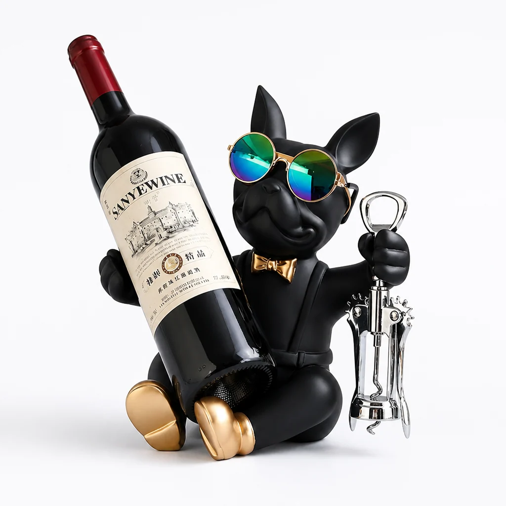 Wine Bottle Holder Bulldog Figurine Gold Accents & Corkscrew - Image 2