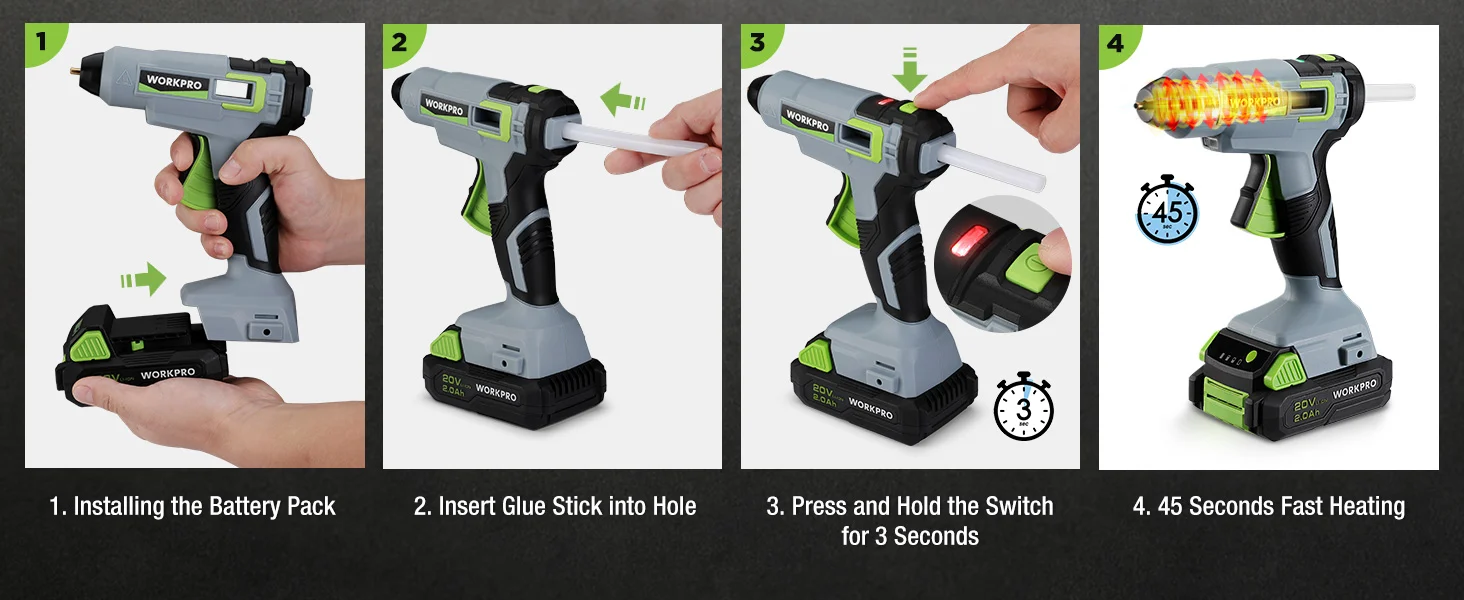 Cordless glue gun in grey and green with battery pack steps shown, including pressing the switch and heating time