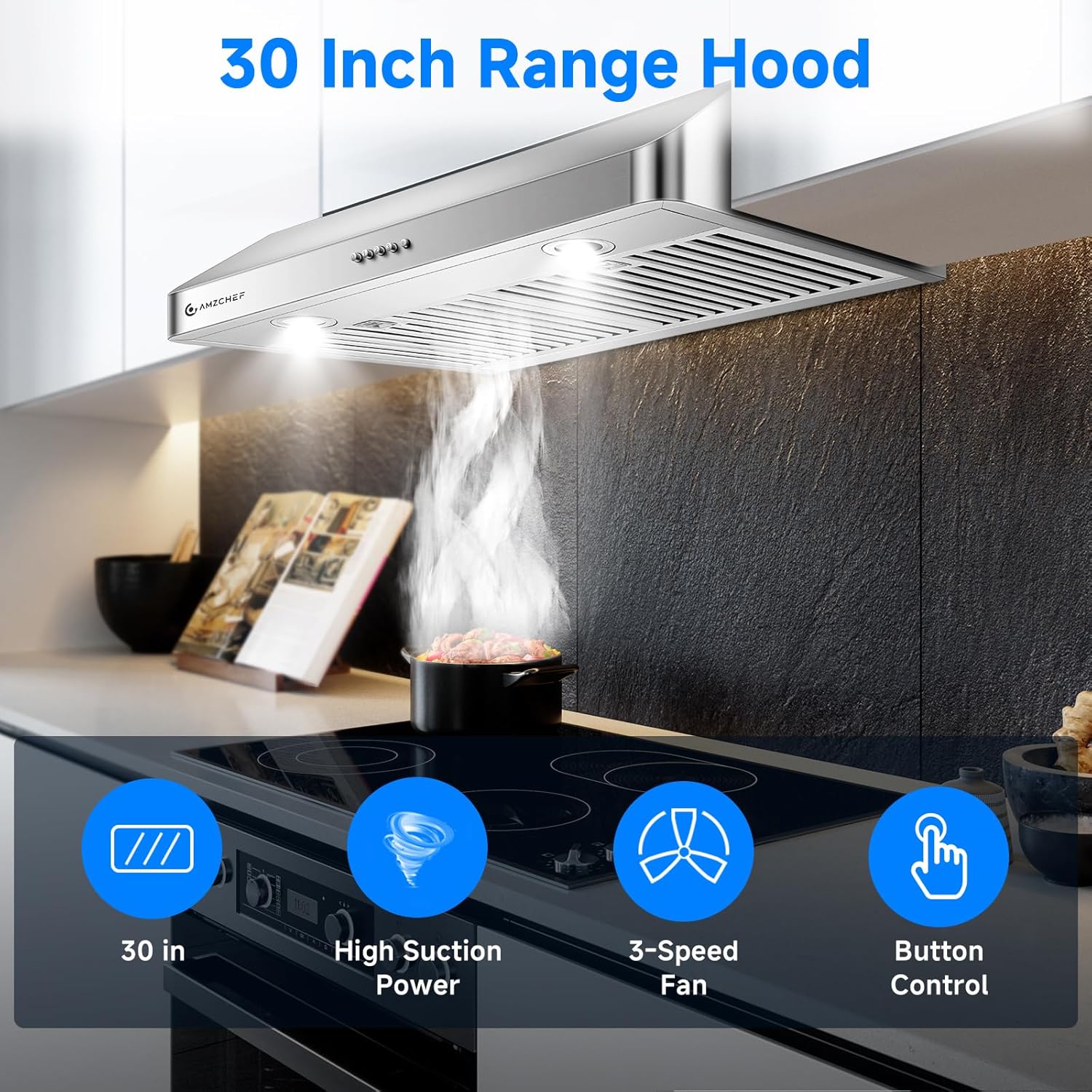 AMZCHEF 30 Inch Under Cabinet Range Hood with Button Control 2