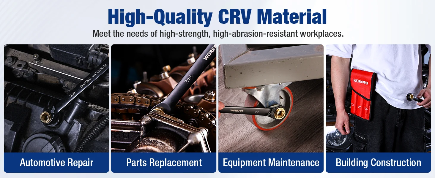Work tools and automotive parts shown in panels, with innovation and quality themes and a high-quality CRV material header