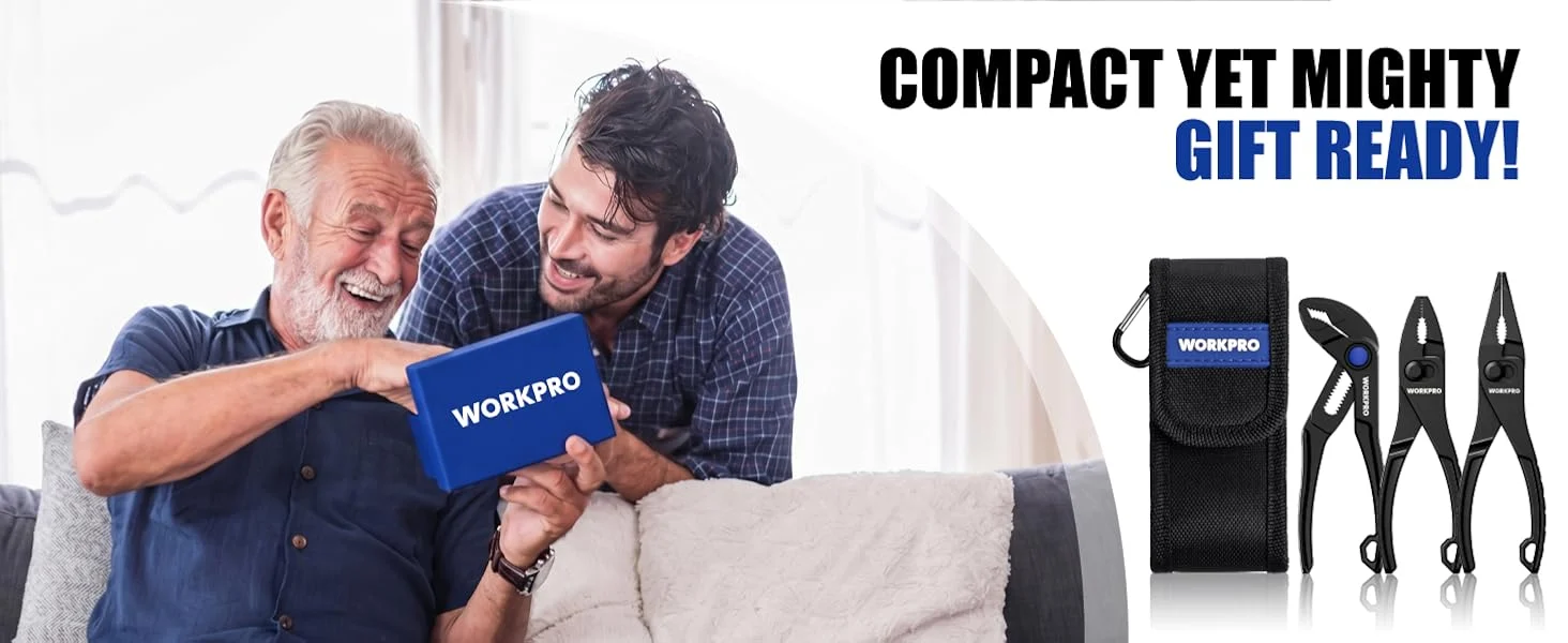 Two men on a sofa holding a blue Workpro box, with compact tools in a black case beside them
