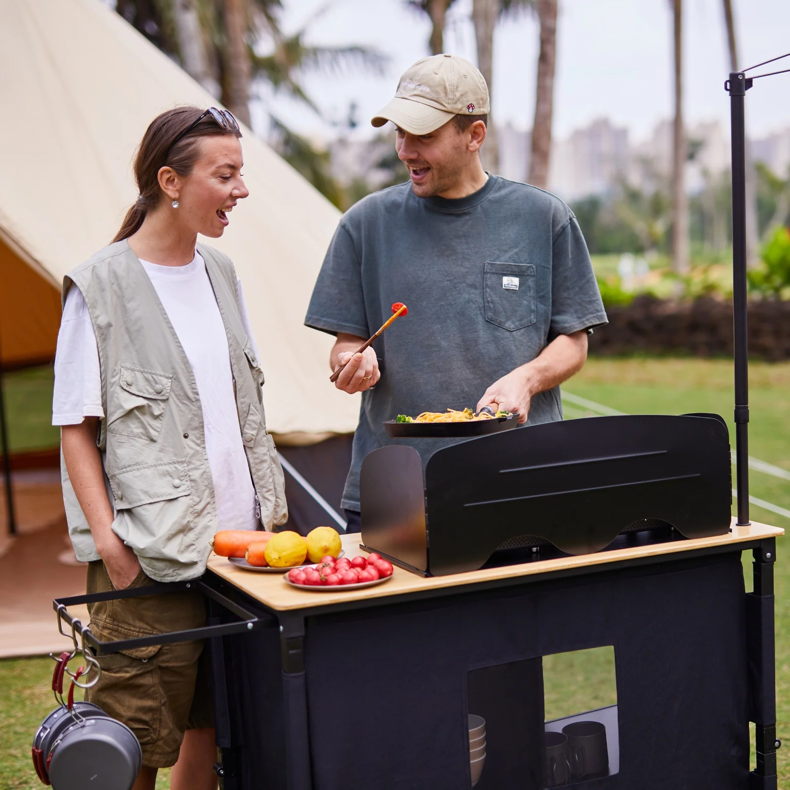 KingCamp Bamboo Camping Kitchen Table with Lantern Stand