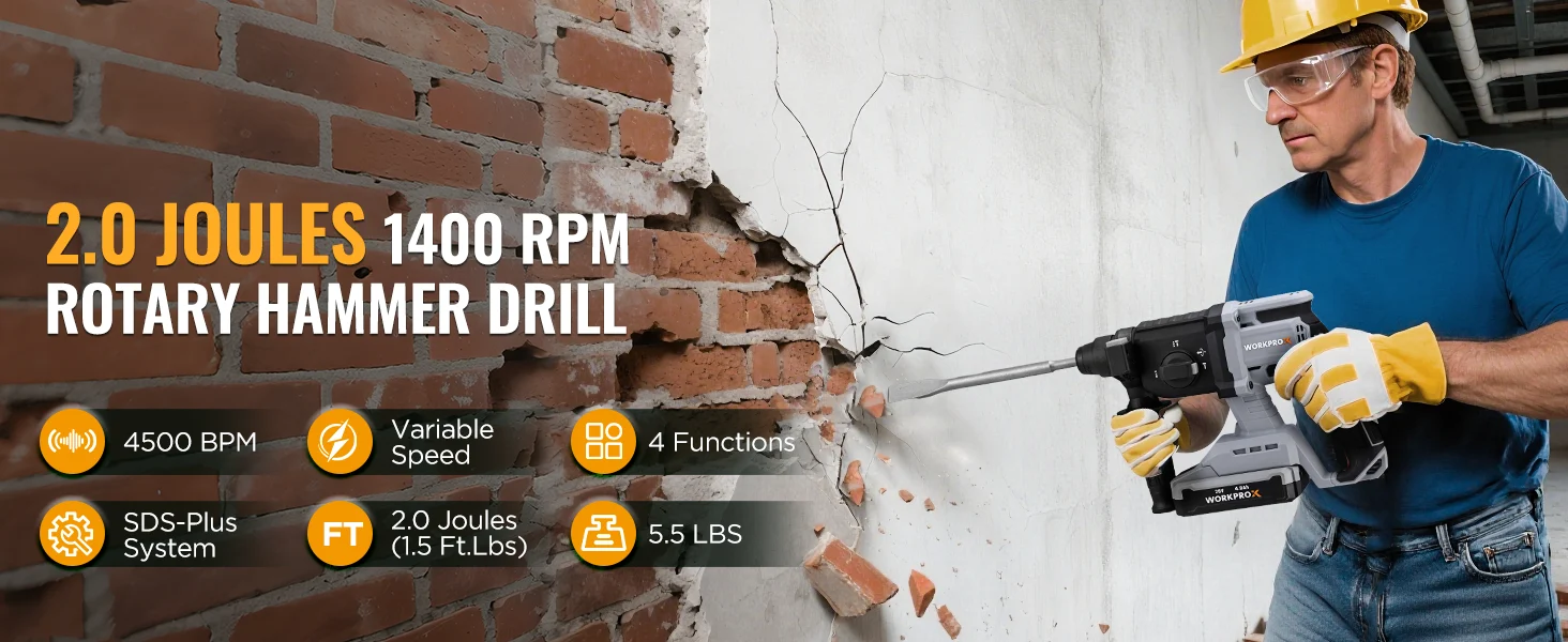 Worker using a rotary hammer drill with broken brick debris, showing speed, functions, and SDS Plus system