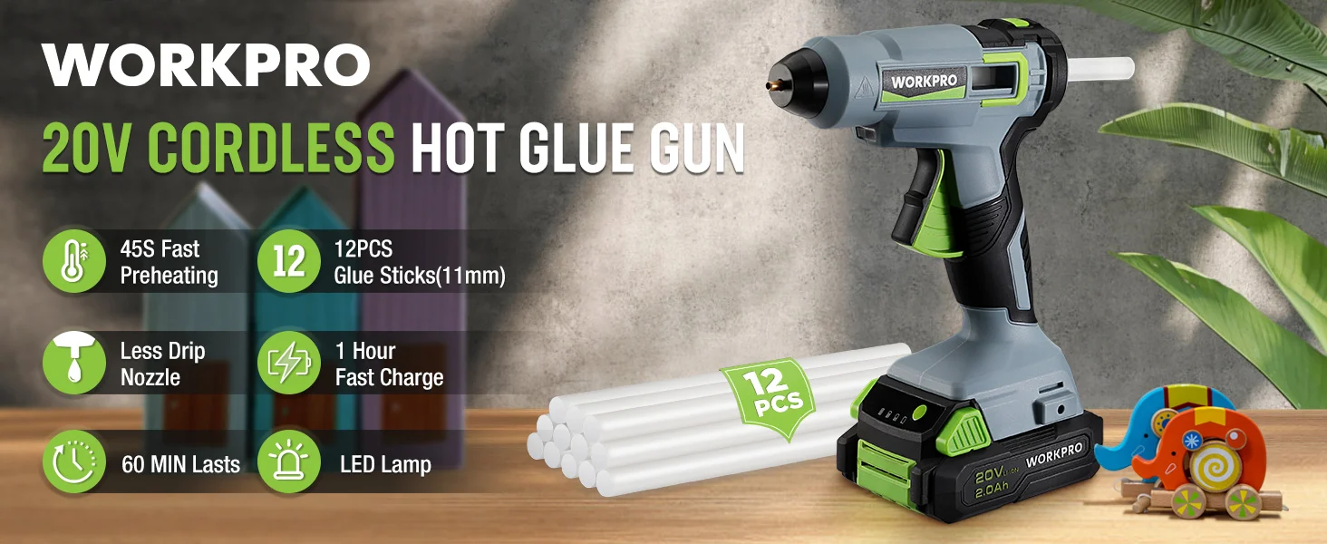 Cordless hot glue gun with innovation and quality text, green accents, glue sticks, and a charging base