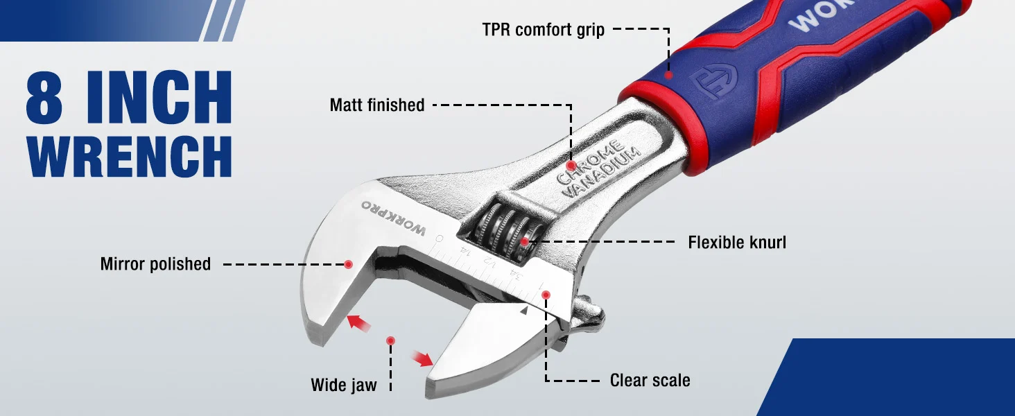 8 inch wrench with mirror polished jaws, clear scale, flexible knurl, and a TPR comfort grip handle