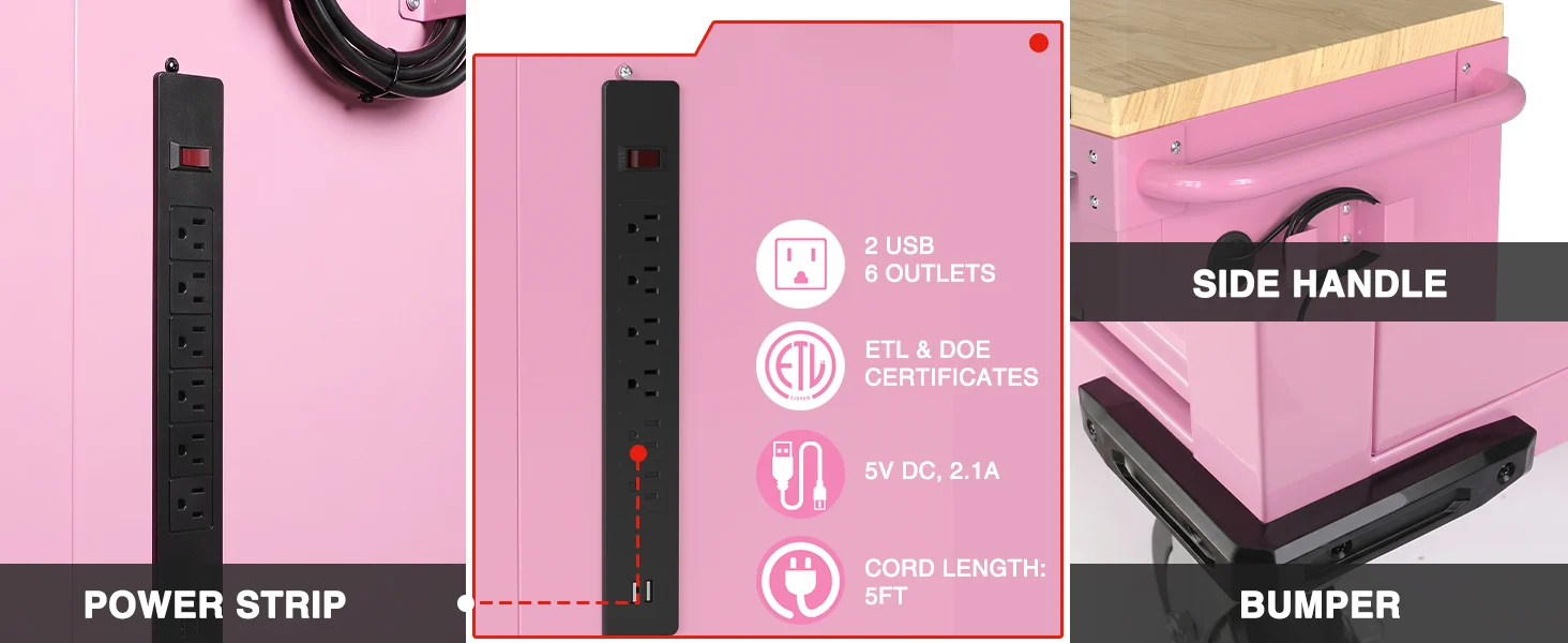 Power strip with side handle and bumper, showing 2 USB 6 outlets, ETL and DOE, 5V DC, and 5ft cord length