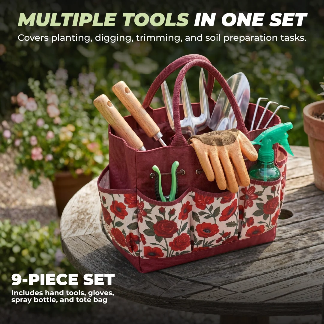 9-Piece Gardening Tool Set with Floral Tote Bag and Hand Tools