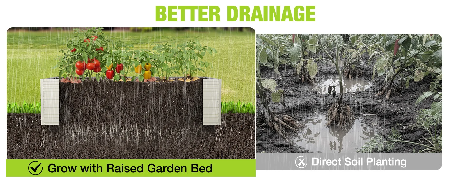 Split garden graphic with raised garden bed and direct soil planting, showing water flow and soil texture