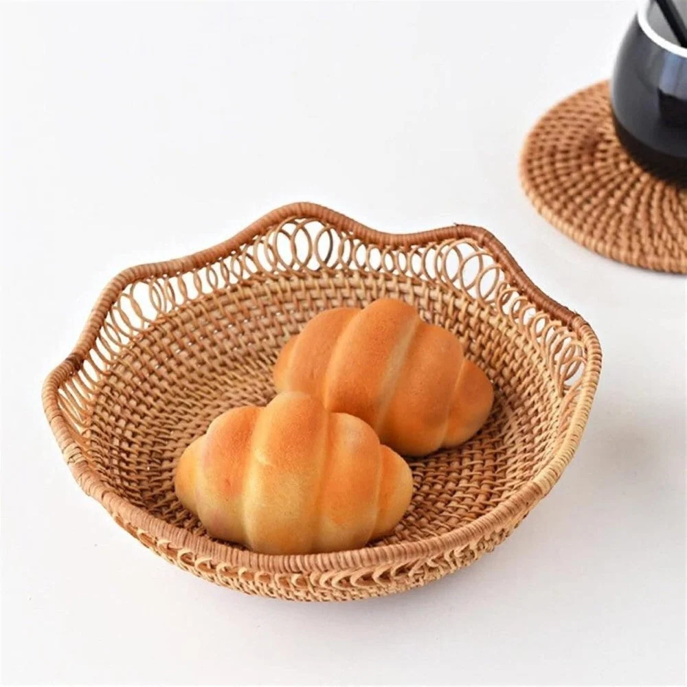 Storage Basket Handwoven Rattan Floral Design - Image 6