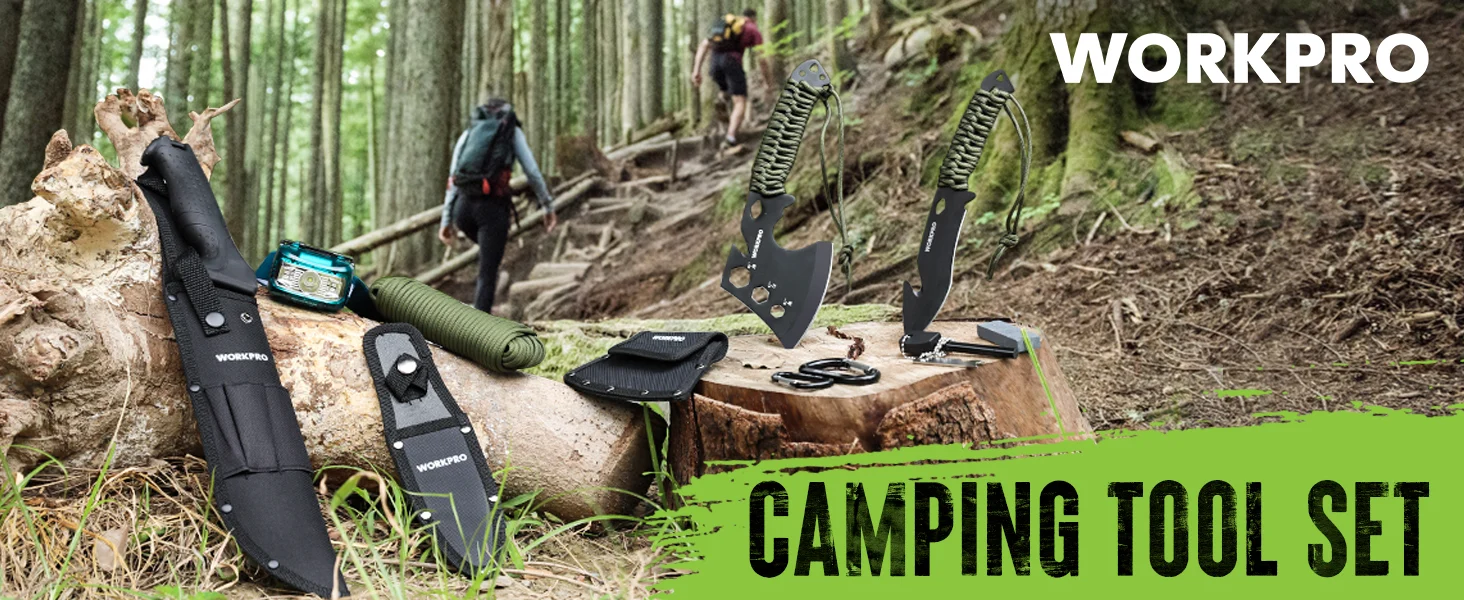 Camping tool set with WORKPRO logo, black shovels and a green handled tool on a forest stump