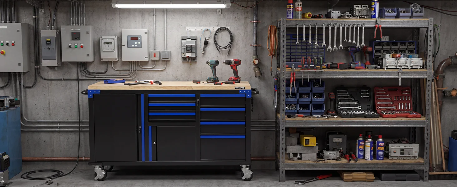 Workshop tool cabinet with drawers, wrenches and power tools on shelves, and control panels on a concrete wall
