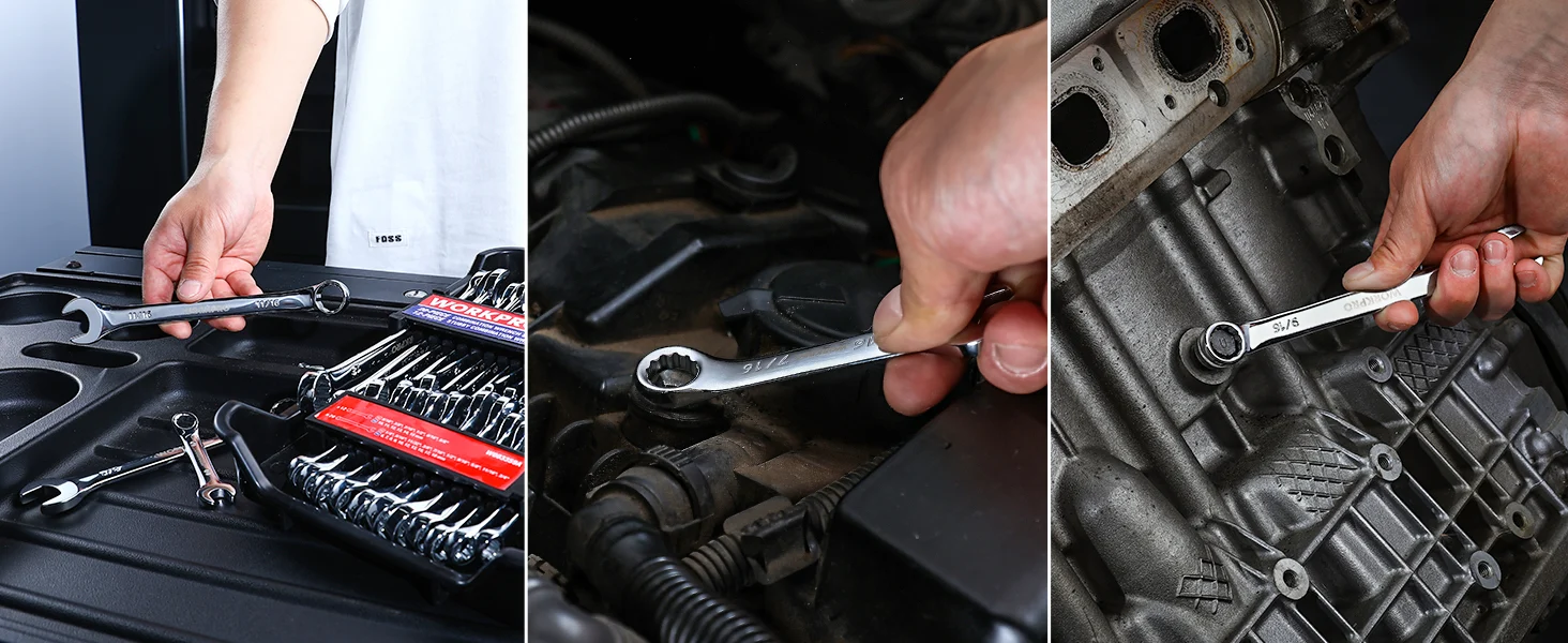 Mechanic using a wrench on an engine bay, innovation and quality shown through careful, durable tool work