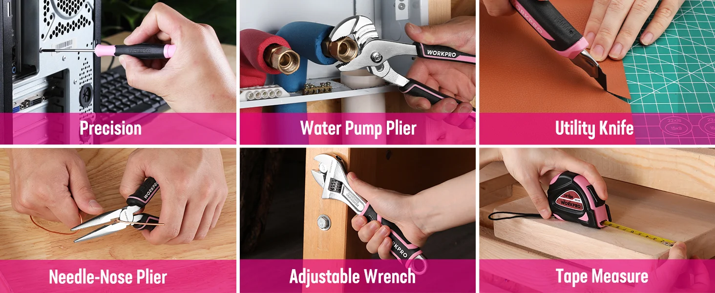 Hand tools shown in a collage, including precision pliers, a utility knife, and a tape measure for quality work