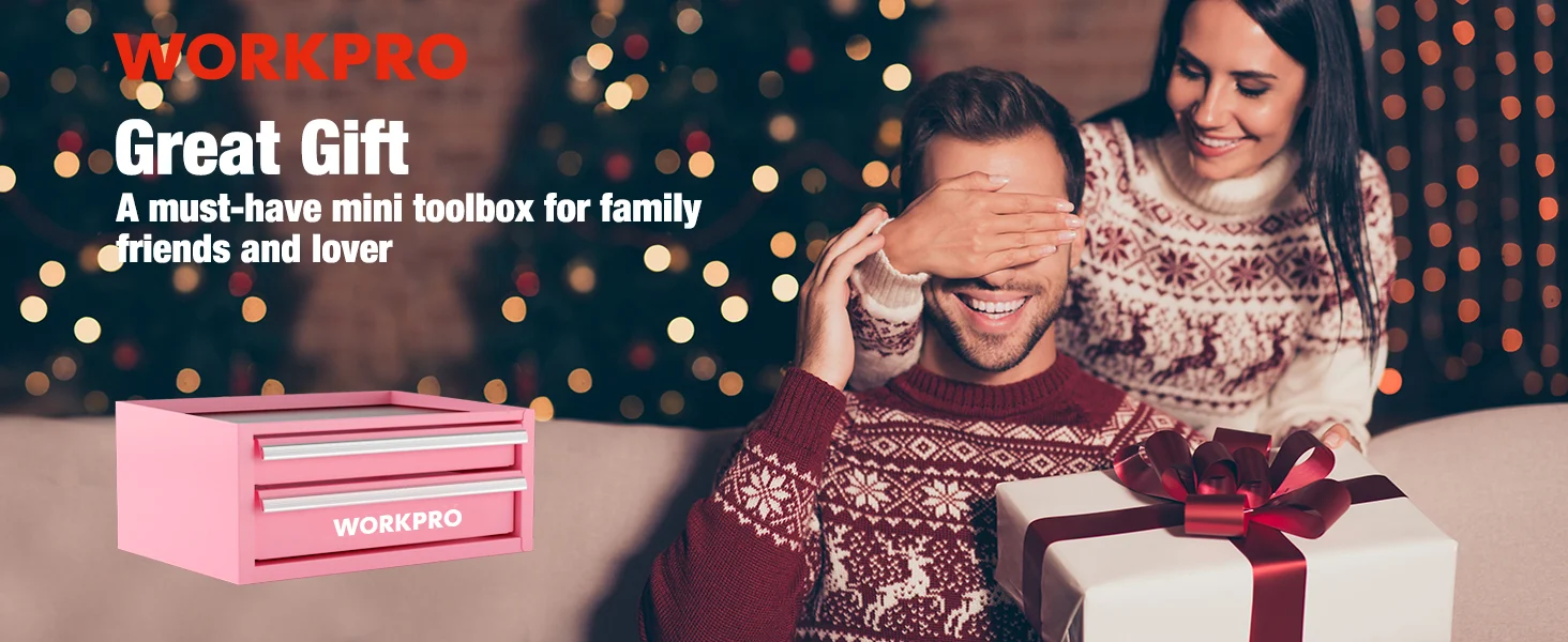 Mini toolbox and gift box beside smiling couple in festive bokeh lighting, with innovation and quality