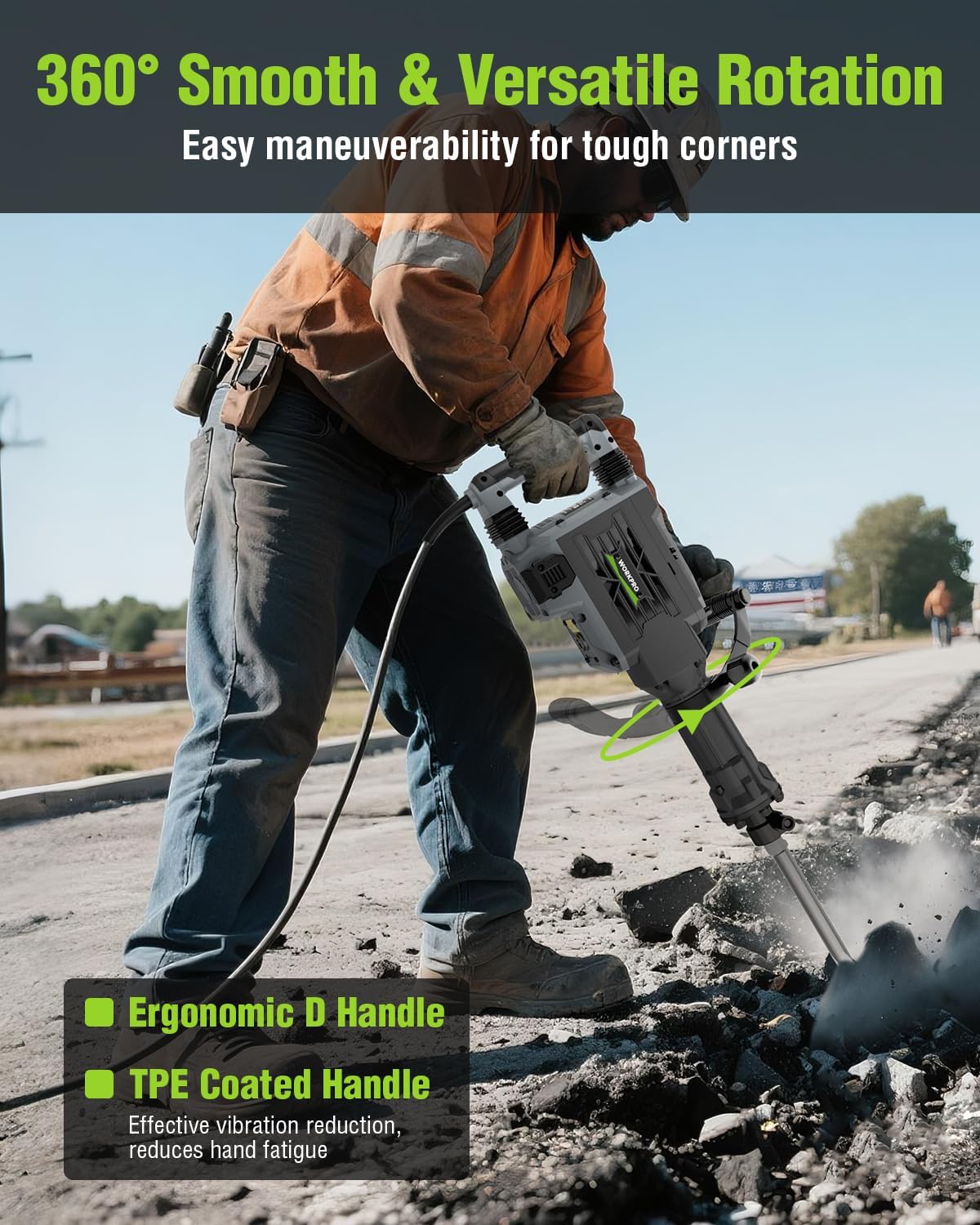 WORKPRO 60 J Demolition Jack Hammer – 15A Heavy Duty Electric Concrete Breaker, 1900 BPM Industrial Jackhammer with 2 HEX30 Chisels, UL Plug, Wheeled Carry Case for Construction & Renovation - Image 6