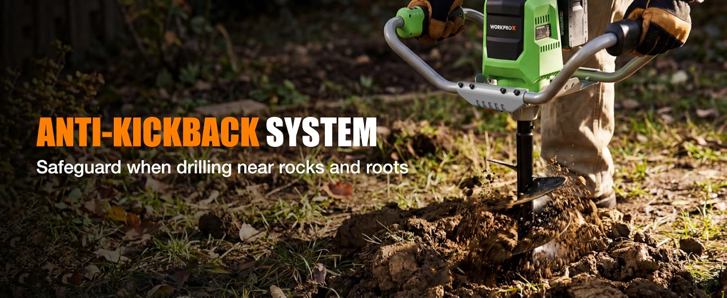 Garden worker using a green power tool with an anti kickback system while drilling soil near roots and rocks