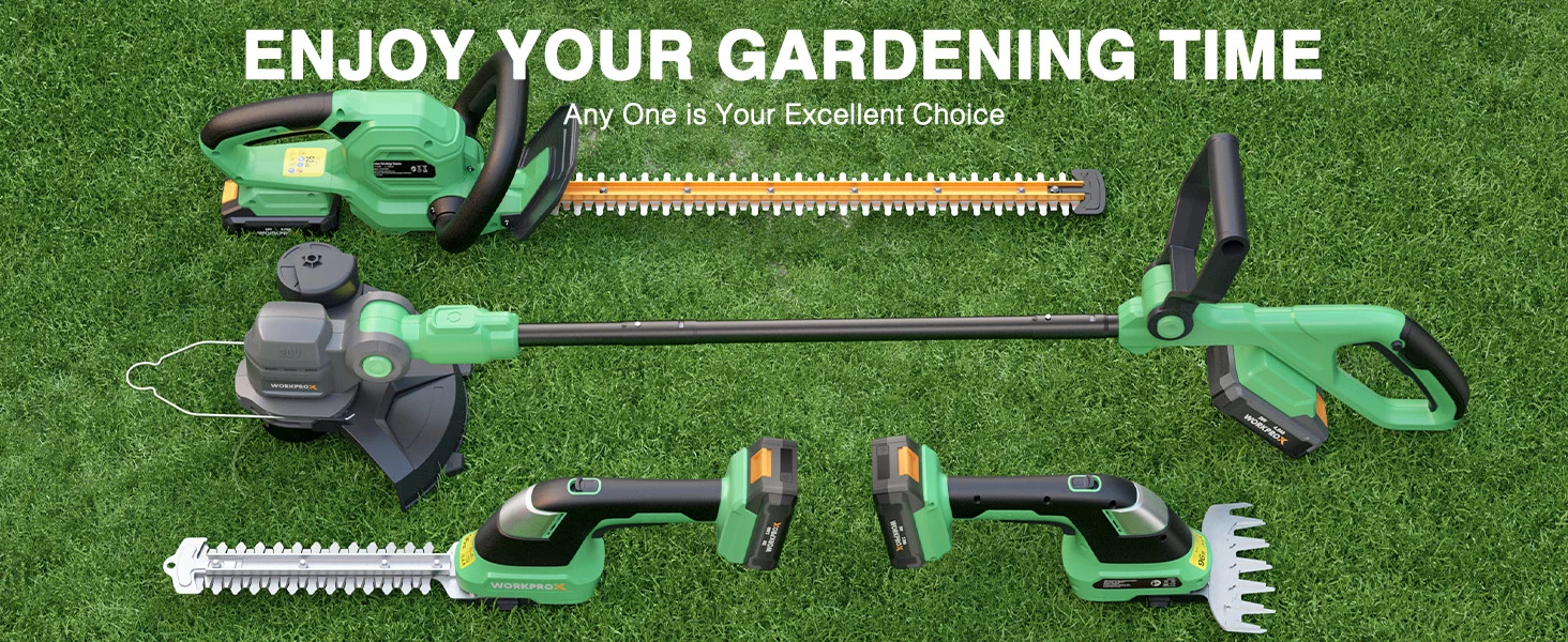Green cordless garden trimmer and hedge trimmer on grass, with innovation and quality shown in the design