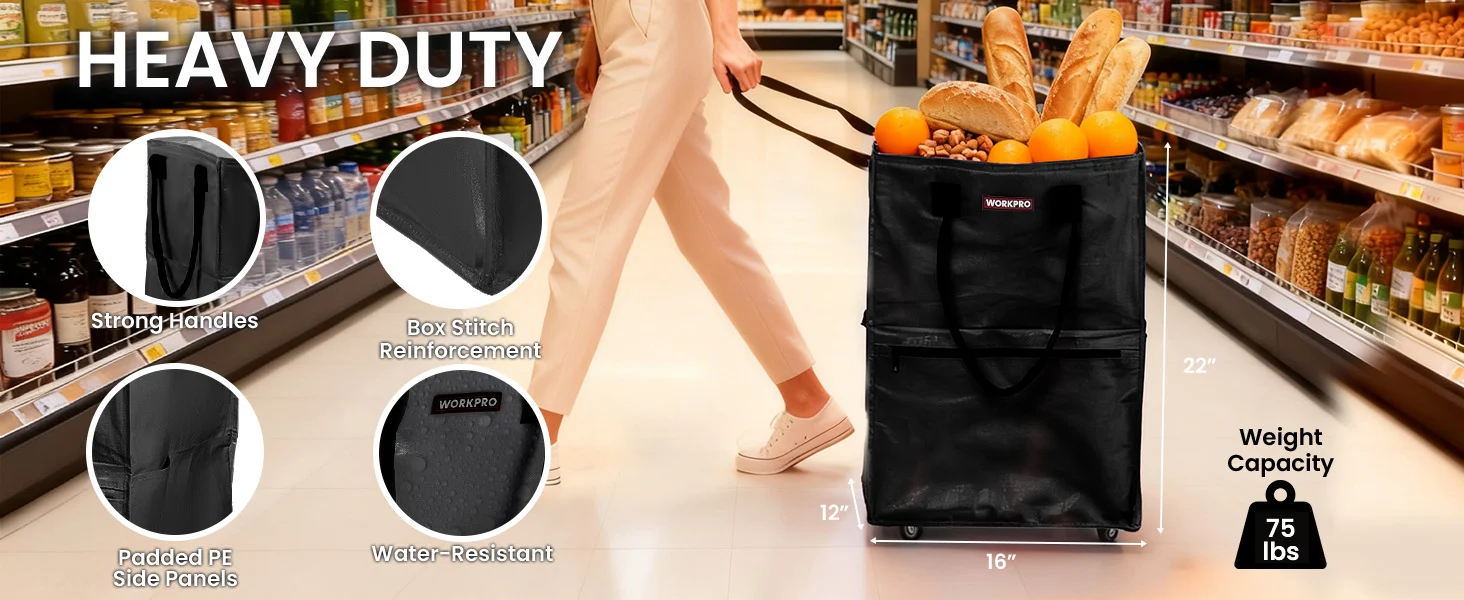 Heavy duty shopping bag with strong handles and box stitch reinforcement, shown in a grocery aisle