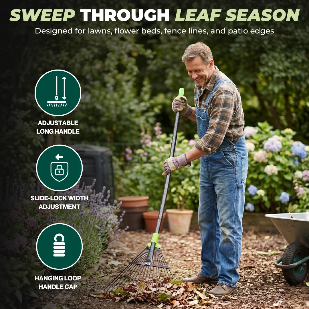 Adjustable Metal Leaf Rake with Expandable Head and Long Handle