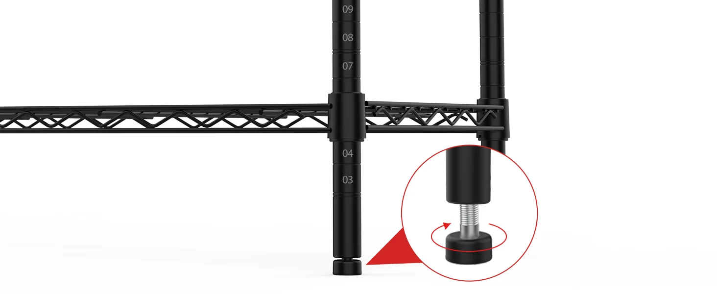 Adjustable shelf support with innovation and quality shown by a black threaded post and circular insertion detail