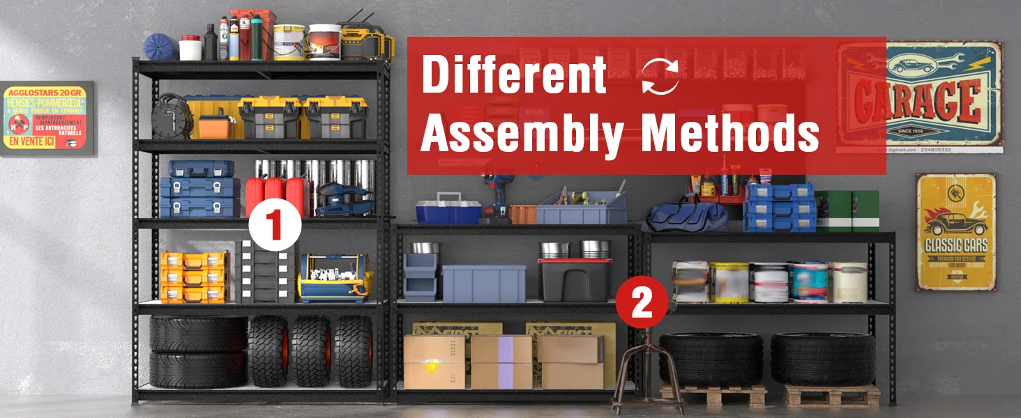 Garage shelving with tools and labeled sections 1 and 2, with text reading Different Assembly Methods