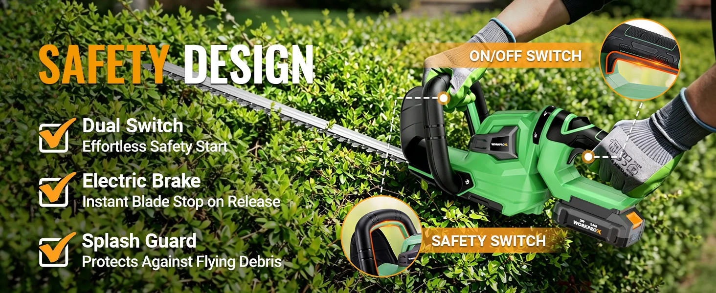 Green electric hedge trimmer with safety switch and on off switch shown cutting near green bushes