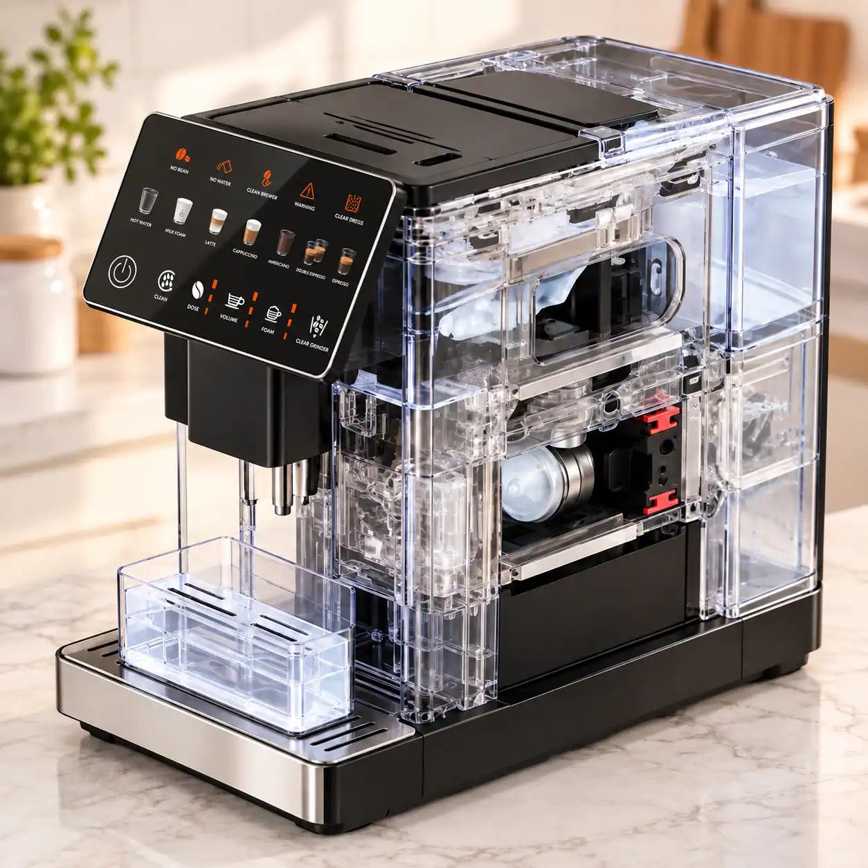 Transparent housing illustration showing the internal components of a Kismile espresso machine with a self-cleaning function