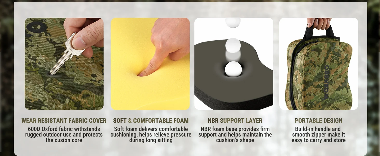 Camouflage fabric seat cushion with innovation and quality shown by hands pressing foam and using a zipper carry handle
