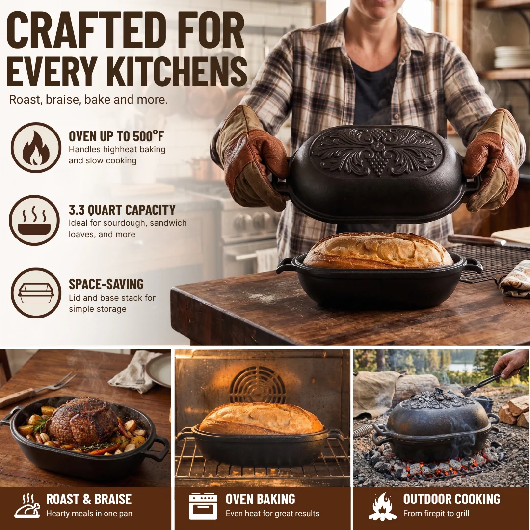 3.3 Quart Cast Iron Loaf Pan with Lid Pre-Seasoned Oval Bread Baker