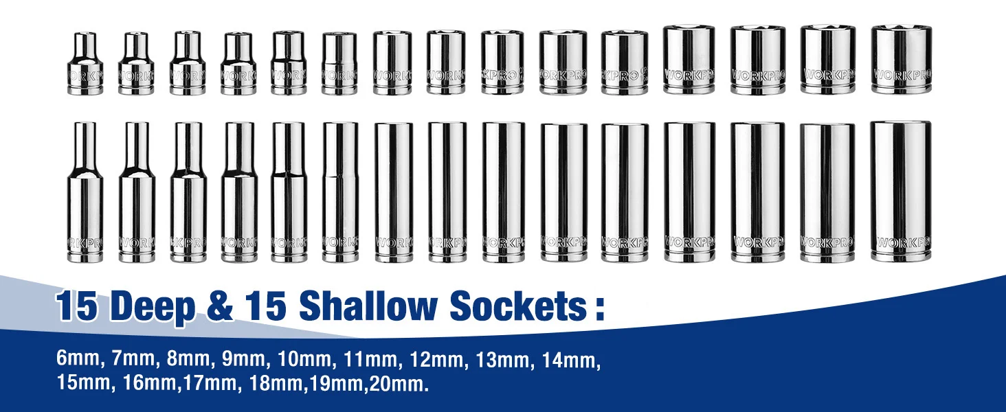 Socket set with 15 deep and 15 shallow sockets, chrome finish, labeled sizes from 6mm to 20mm